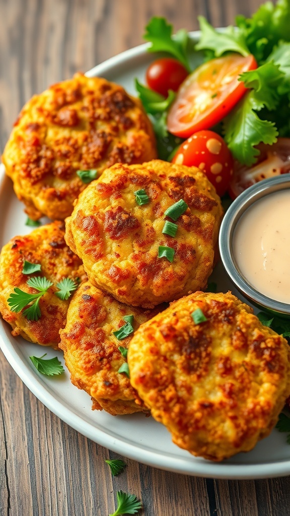 Crispy air fryer chicken patties on a plate with herbs and dipping sauce.